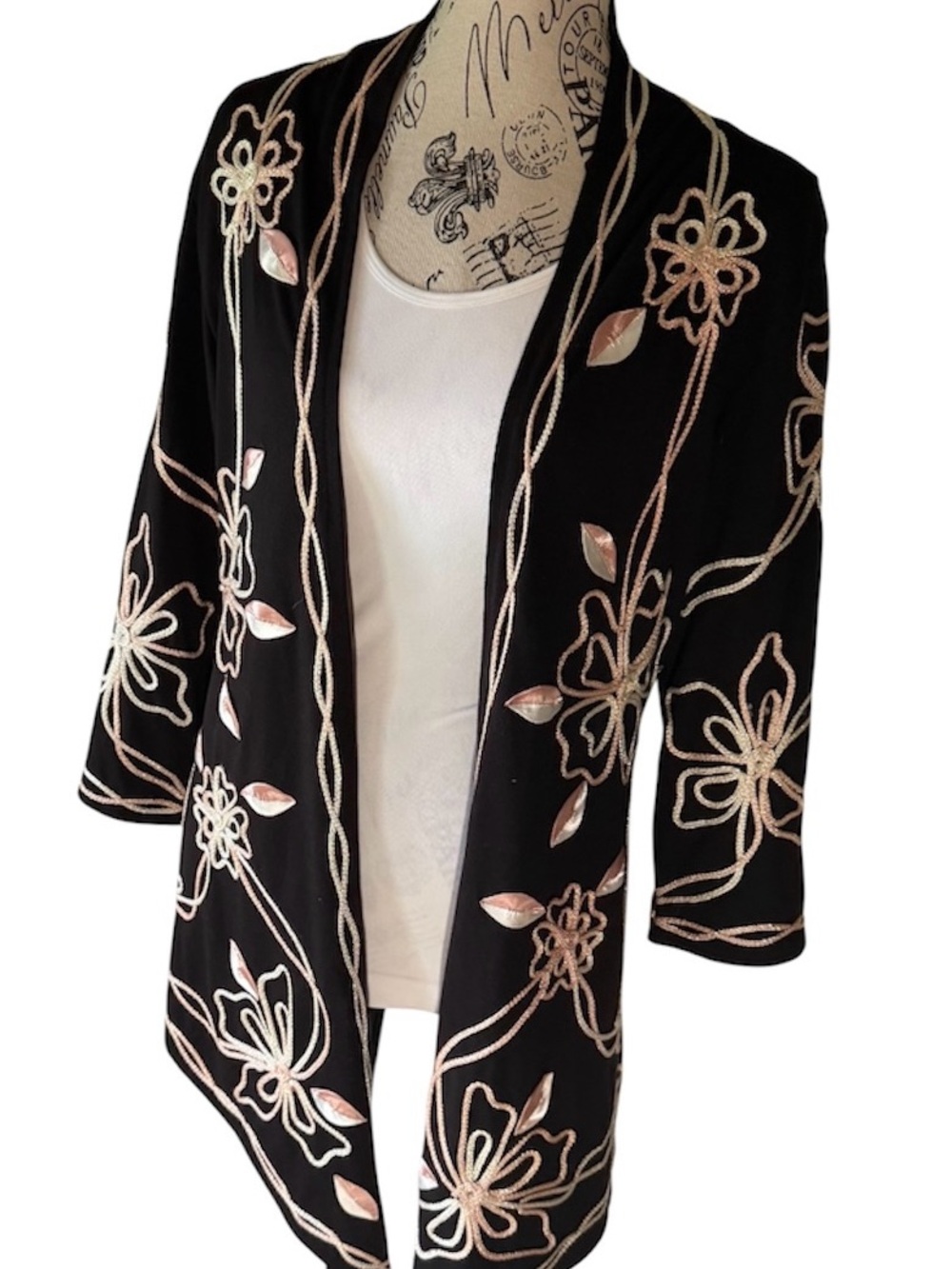 Black Embroidered Open Front Cardigan with Pink, White & Silver Accents Fits S-L